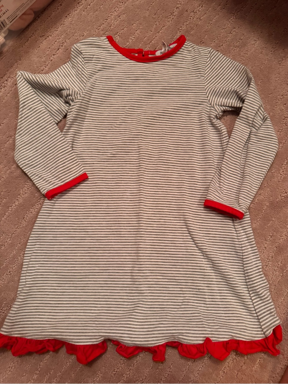 Girls' Gray & White Striped Dress with Red Trim
